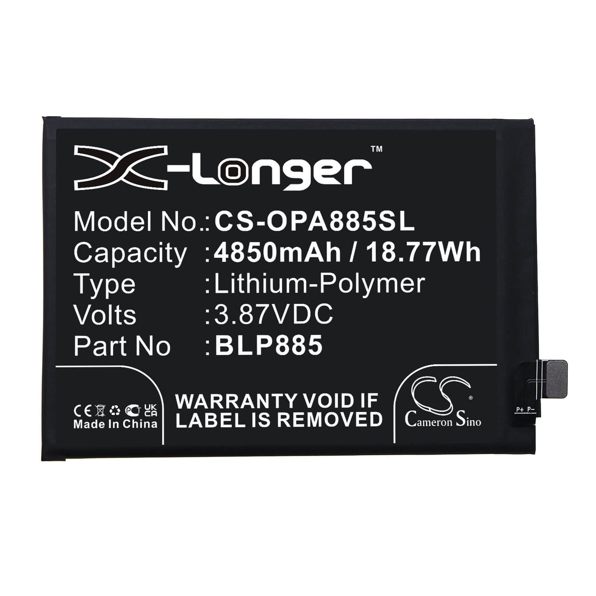 3.87V, Li-Polymer, 4850mAh, SmartPhone battery fits Oppo, Blp885, A96, Cph2333, 18.77Wh Mobile, SmartPhone Cameron Sino Technology Limited (Smartphone)