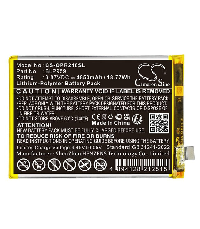 3,87V, Li-Polymer, 4850mAh, Mobile, batterie de smartphone convient à Oppo, Cph2481, Reno8 T, 18,77Wh Mobile, Cameron Sino Technology Limited (Smartphone)