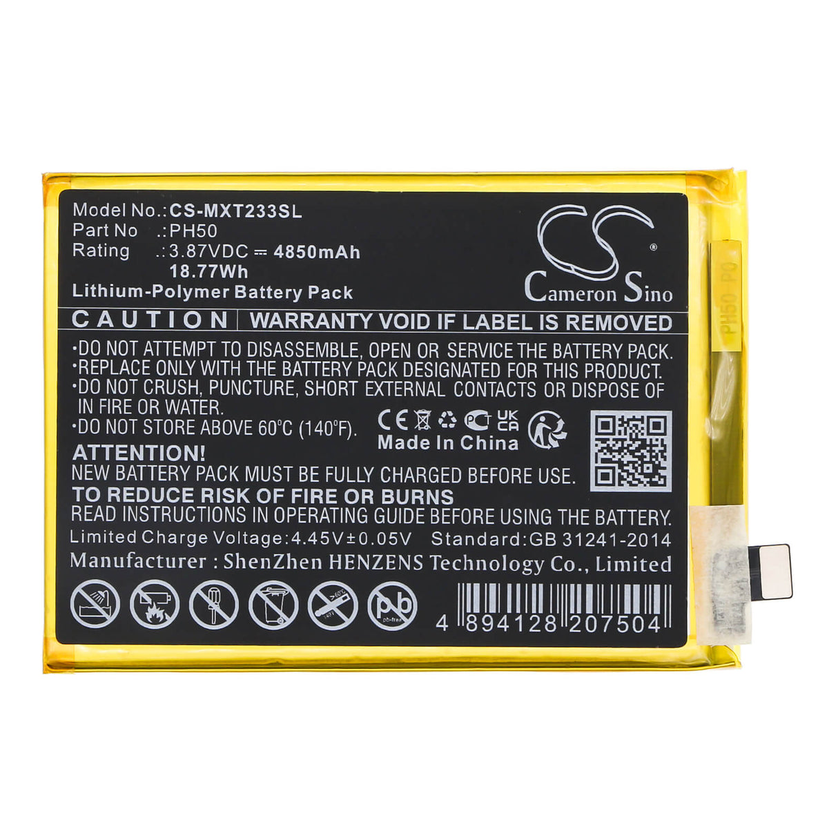 3.87V, Li-Polymer, 4850mAh, SmartPhone battery fits Motorola, Ph50, Moto G23, Xt2333, 18.77Wh Mobile, SmartPhone Cameron Sino Technology Limited (Smartphone)