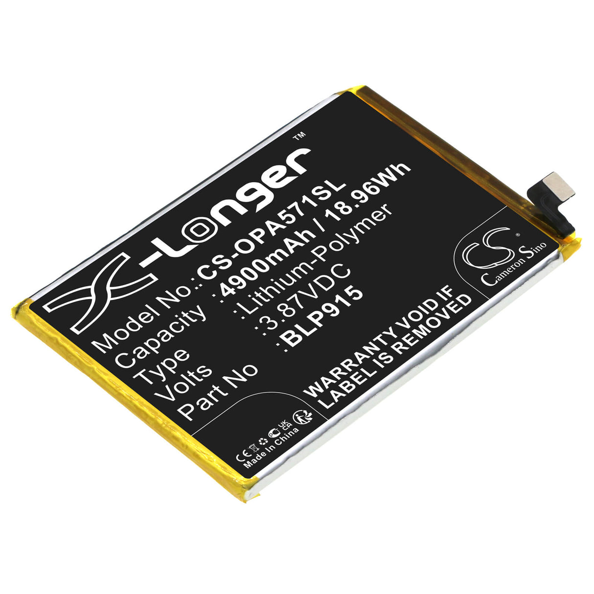 3.87V, Li-Polymer, 4900mAh, SmartPhone battery fits Oppo, Blp915, A57 5g, A57 5g 2022, 18.96Wh Mobile, SmartPhone Cameron Sino Technology Limited (Smartphone)