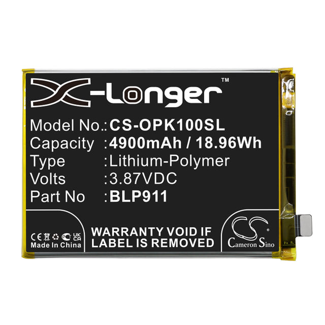 3.87V, Li-Polymer, 4900mAh, SmartPhone battery fits Oppo, Blp911, Cph2373, K10, 18.96Wh Mobile, SmartPhone Cameron Sino Technology Limited (Smartphone)