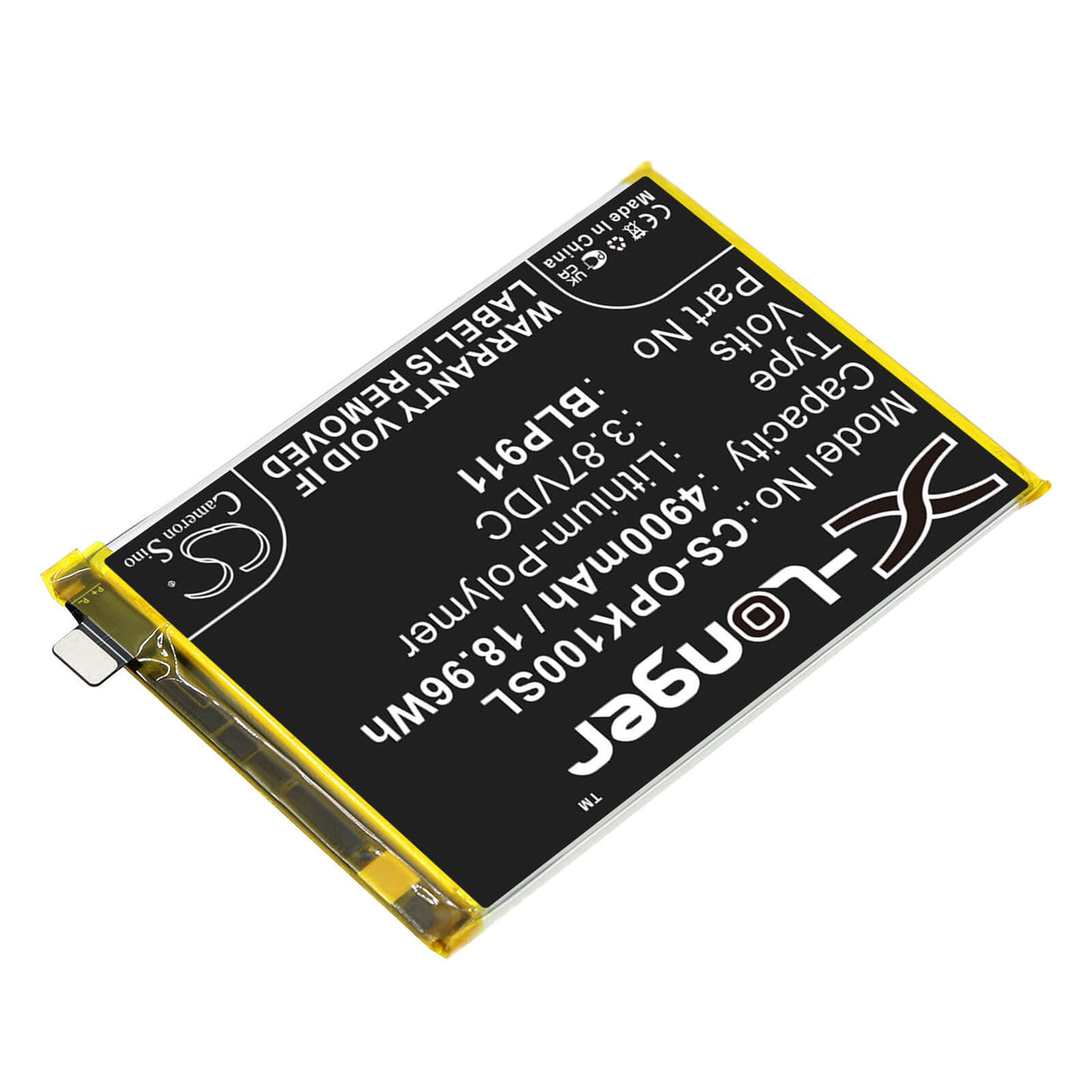 3.87V, Li-Polymer, 4900mAh, SmartPhone battery fits Oppo, Blp911, Cph2373, K10, 18.96Wh Mobile, SmartPhone Cameron Sino Technology Limited (Smartphone)