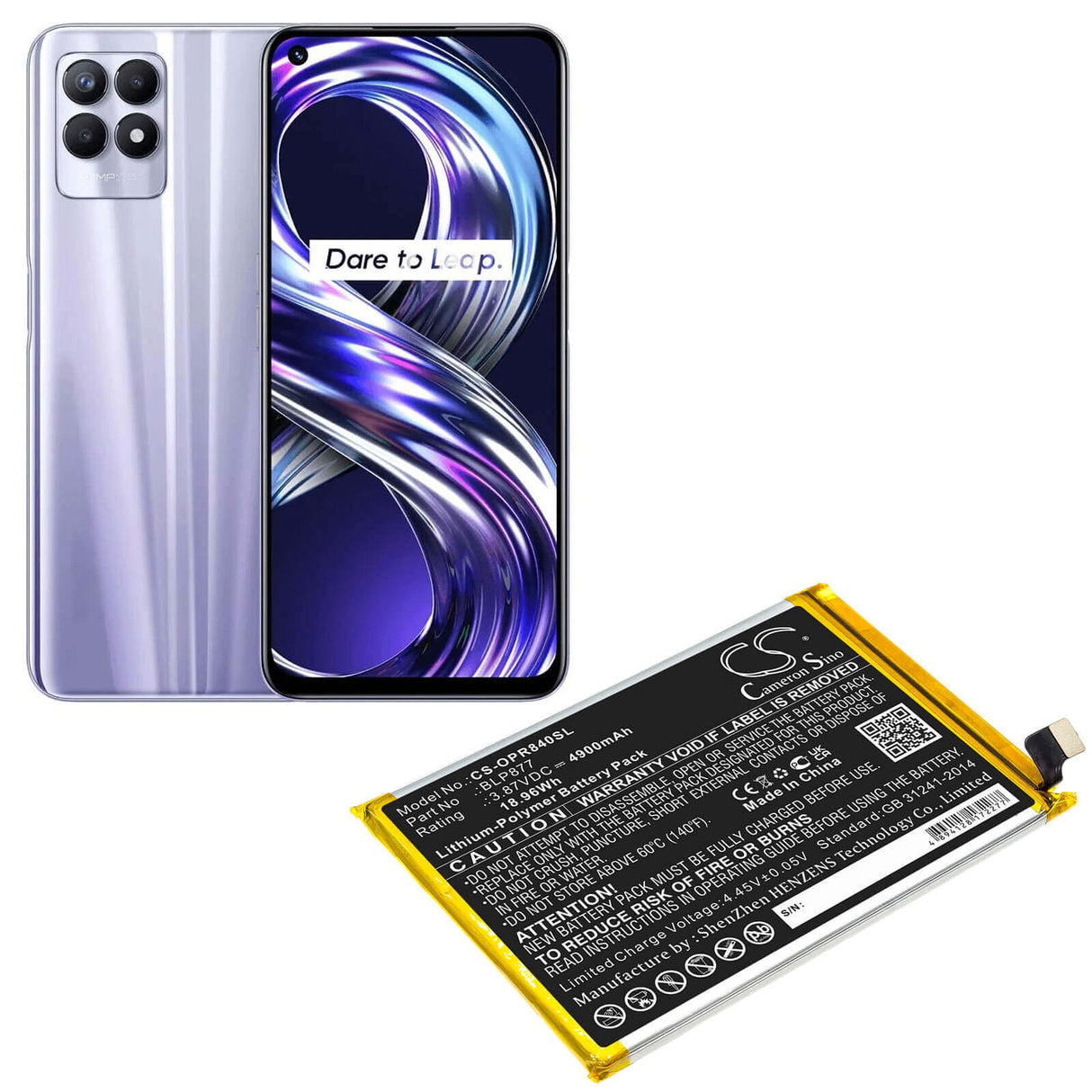 3.87V, Li-Polymer, 4900mAh, SmartPhone battery fits Oppo, Blp877, Realme 8i, 18.96Wh Mobile, SmartPhone Cameron Sino Technology Limited (Smartphone)