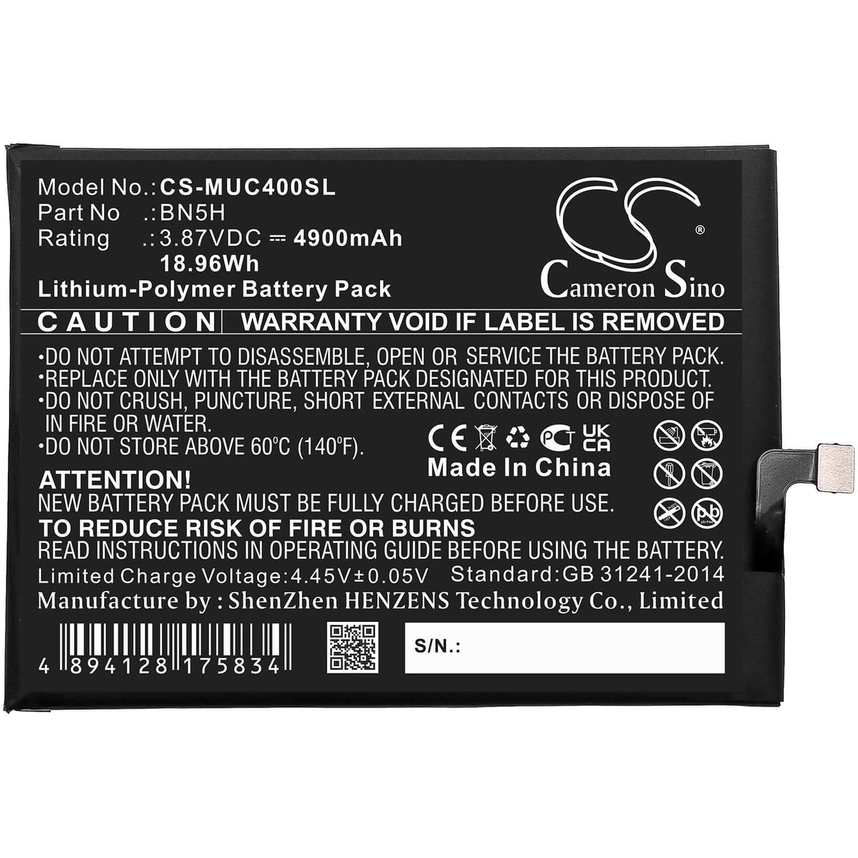 3.87V, Li-Polymer, 4900mAh, SmartPhone battery fits Xiaomi, Poco, Redmi, Bn5h, M4 5g, Mzb0brzin, 18.96Wh Mobile, SmartPhone Cameron Sino Technology Limited (Smartphone)