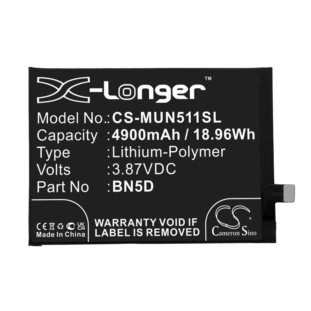 3.87V, Li-Polymer, 4900mAh, SmartPhone battery fits Xiaomi, Poco, Redmi, Bn5d, 2201117pg, M4 Pro, 18.96Wh Mobile, SmartPhone Cameron Sino Technology Limited (Smartphone)