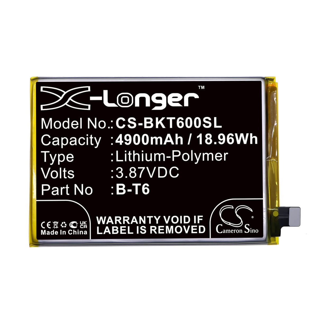 3.87V, Li-Polymer, 4900mAh, SmartPhone battery fits Vivo, B-t6, I2127, Iqoo Z6 5g, 18.96Wh Mobile, SmartPhone Cameron Sino Technology Limited (Smartphone)