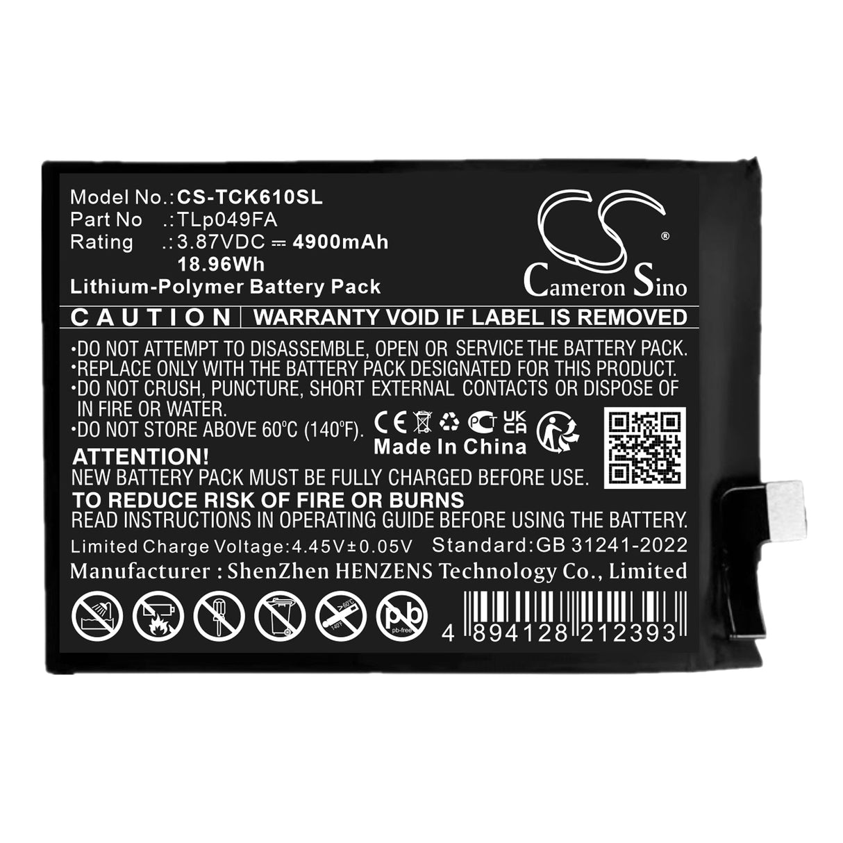 3,87V, Li-Polymère, 4900mAh, Mobile, Batterie de smartphone compatible avec Sharp, Aquos V7 Plus, Sh-c06, 18,96Wh Mobile, Smartphone Cameron Sino Technology Limited (Smartphone)