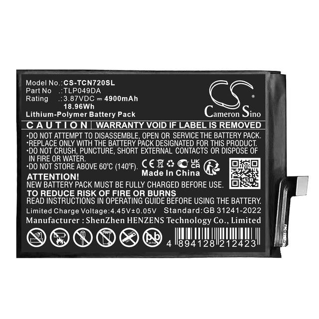 3.87V, Li-Polymer, 4900mAh, Mobile, SmartPhone battery fits Tcl, 50 Pro, Nxtpaper 5g, 18.96Wh Mobile, SmartPhone Cameron Sino Technology Limited (Smartphone)