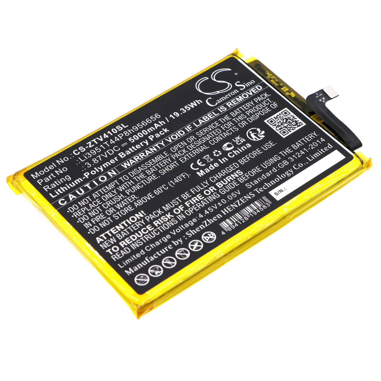 3.87V, Li-Polymer, 5000mAh, SmartPhone battery fits Zte, Li3951t44p8h956656, 8045, Blade V40, 19.35Wh Mobile, SmartPhone Cameron Sino Technology Limited (Smartphone)