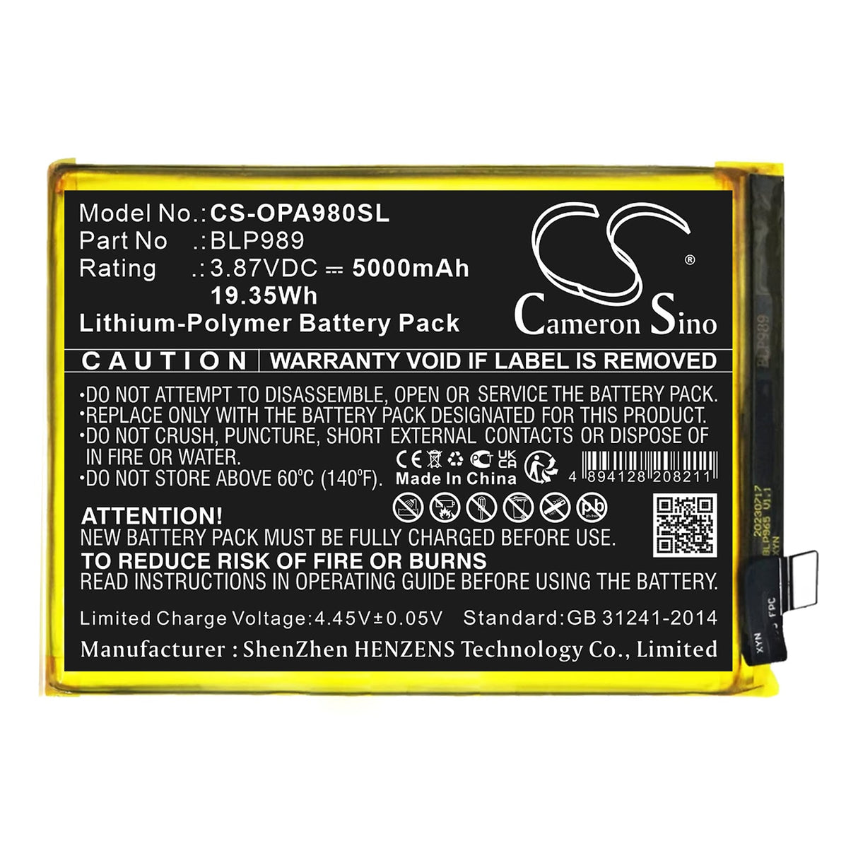 3.87V, Li-Polymer, 5000mAh, SmartPhone battery fits Oneplus, Oppo, Blp989, Cph2465, Cph2467, 19.35Wh Mobile, SmartPhone Cameron Sino Technology Limited (Smartphone)