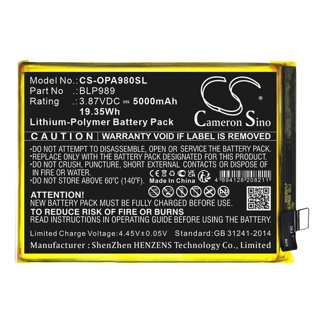 3.87V, Li-Polymer, 5000mAh, SmartPhone battery fits Oneplus, Oppo, Blp989, Cph2465, Cph2467, 19.35Wh Mobile, SmartPhone Cameron Sino Technology Limited (Smartphone)