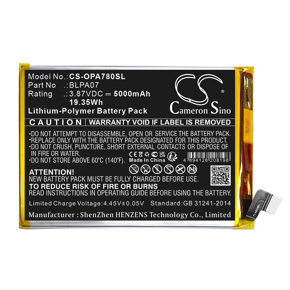 3,87V, Li-Polymer, 5000mAh, batterie de smartphone compatible avec Oppo, Blpa07, A78 4g, Cph2565, 19,35Wh Mobile, Smartphone Cameron Sino Technology Limited (Smartphone)