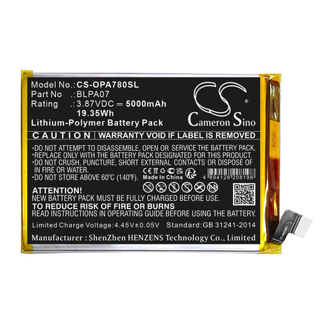 3,87V, Li-Polymer, 5000mAh, batterie de smartphone compatible avec Oppo, Blpa07, A78 4g, Cph2565, 19,35Wh Mobile, Smartphone Cameron Sino Technology Limited (Smartphone)