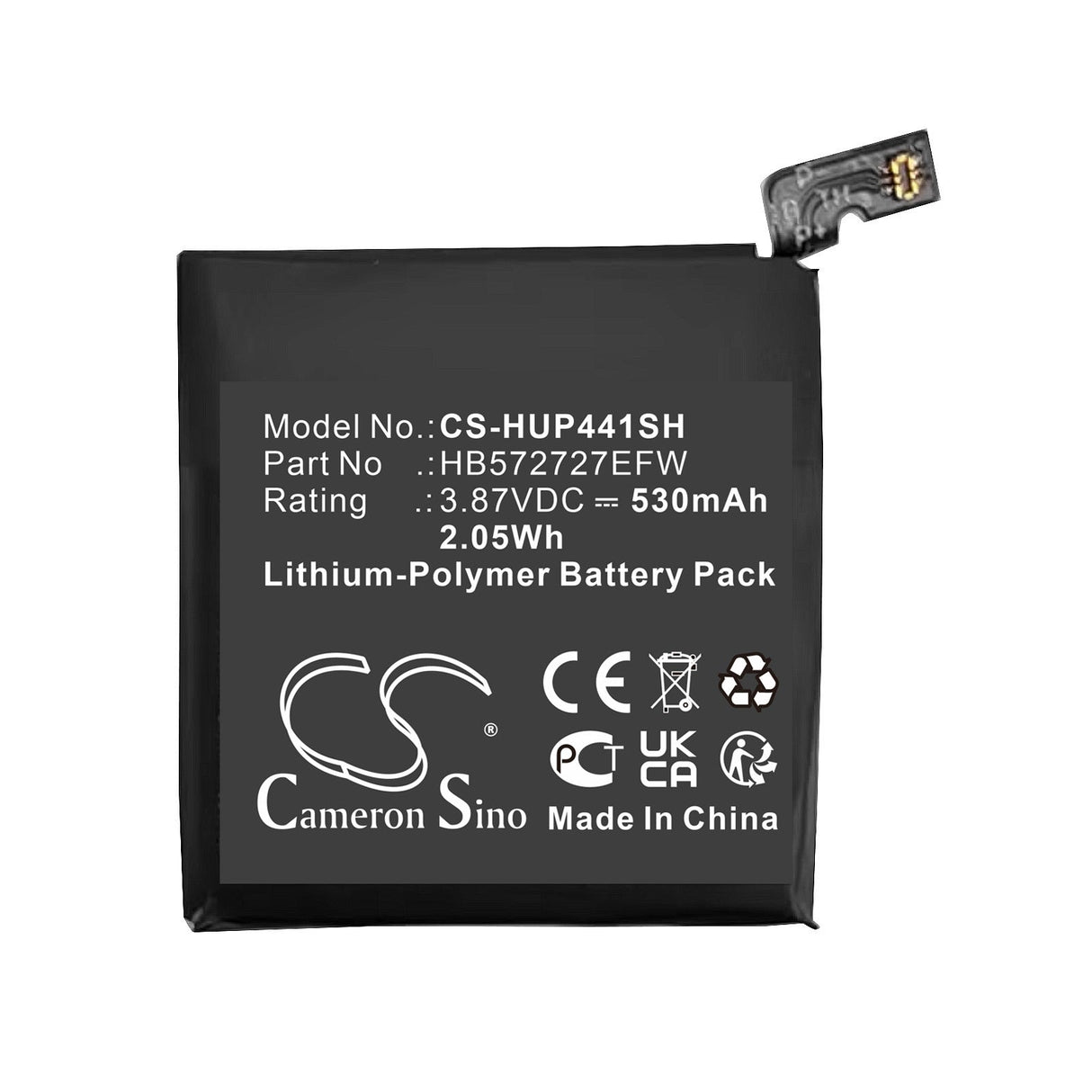 3.87V, Li-Polymer, 530mAh Smartwatch Battery fits Huawei, Watch Gt4 41mm, 2.05Wh Smartwatch Cameron Sino Technology Limited   