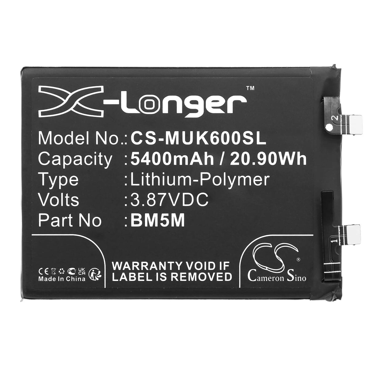 3.87V, Li-Polymer, 5400mAh, SmartPhone battery fits Redmi, Bm5m, K60, 20.9Wh Mobile, SmartPhone Cameron Sino Technology Limited (Smartphone)