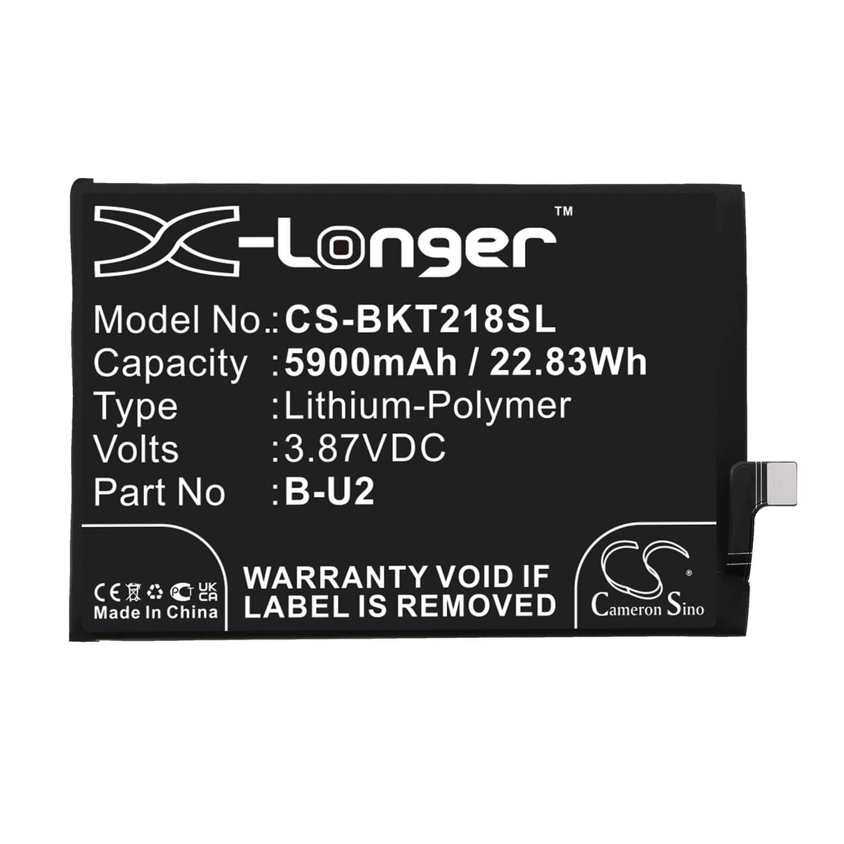 3.87V, Li-Polymer, 5900mAh, SmartPhone battery fits Vivo, B-u2, T2x, V2188a, 22.83Wh Mobile, SmartPhone Cameron Sino Technology Limited (Smartphone)