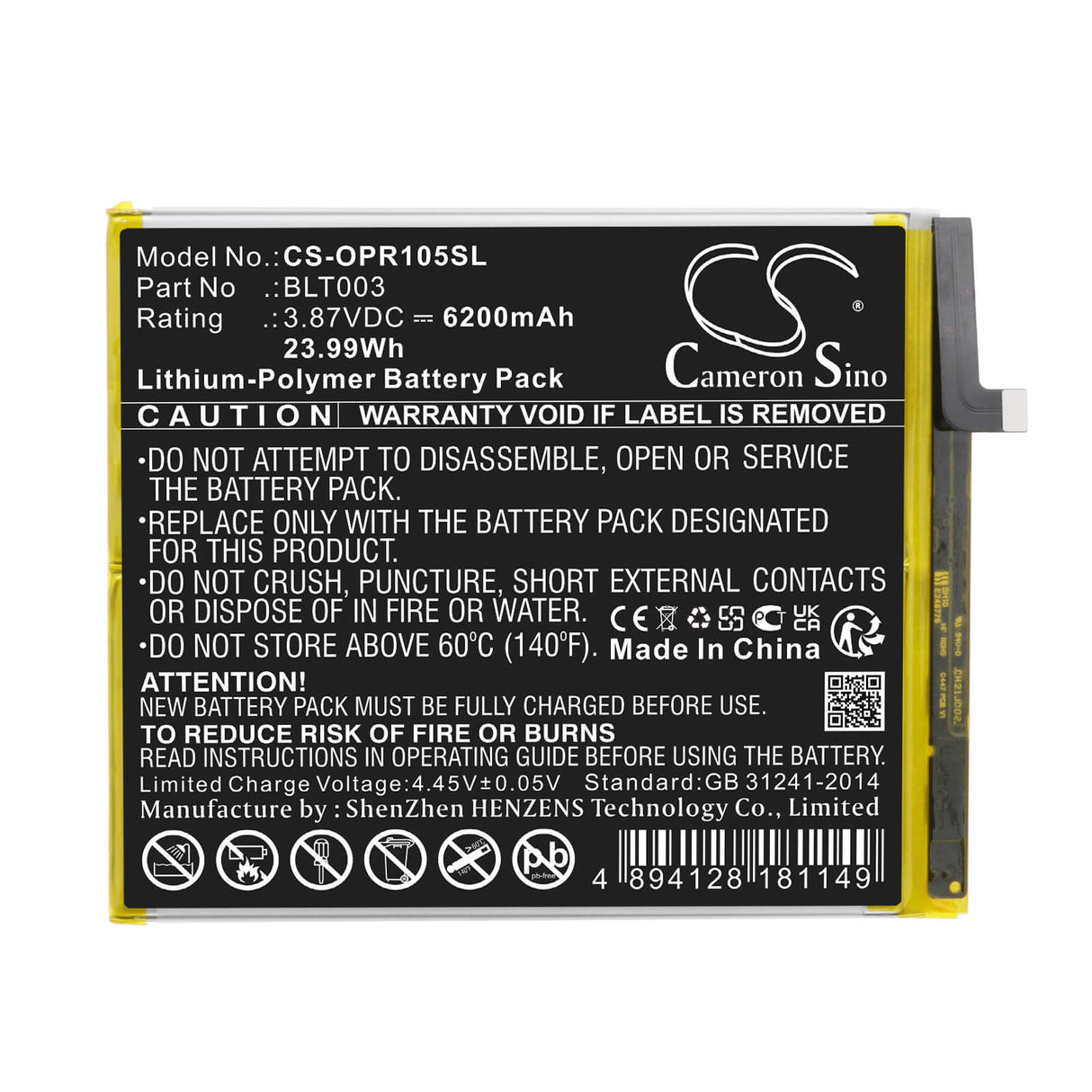 3.87V, Li-Polymer, 6200mAh, Tablet battery fits Oppo, Blt003, Realme Pad Mini, Realme Pad Mini 4g, 23.99Wh Tablet Cameron Sino Technology Limited