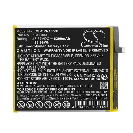 3.87V, Li-Polymer, 6200mAh, Tablet battery fits Oppo, Blt003, Realme Pad Mini, Realme Pad Mini 4g, 23.99Wh Tablet Cameron Sino Technology Limited