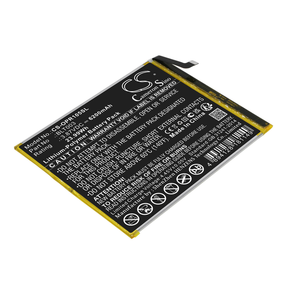 3.87V, Li-Polymer, 6200mAh, Tablet battery fits Oppo, Blt003, Realme Pad Mini, Realme Pad Mini 4g, 23.99Wh Tablet Cameron Sino Technology Limited