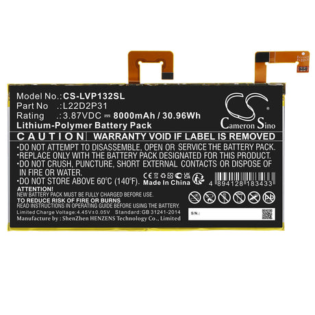 3.87V, Li-Polymer, 8000mAh, Tablet battery fits Lenovo, L22d2p31, Tab P11 Pro, Tb132f, 30.96Wh Tablet Cameron Sino Technology Limited