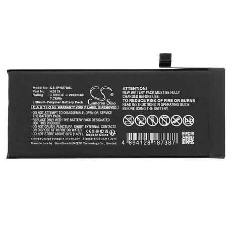 3.88V, Li-Polymer, 2000mAh, SmartPhone battery fits Apple, A2819, A2783, Apple Iphone Se3, 7.76Wh Mobile, SmartPhone Cameron Sino Technology Limited (Smartphone)