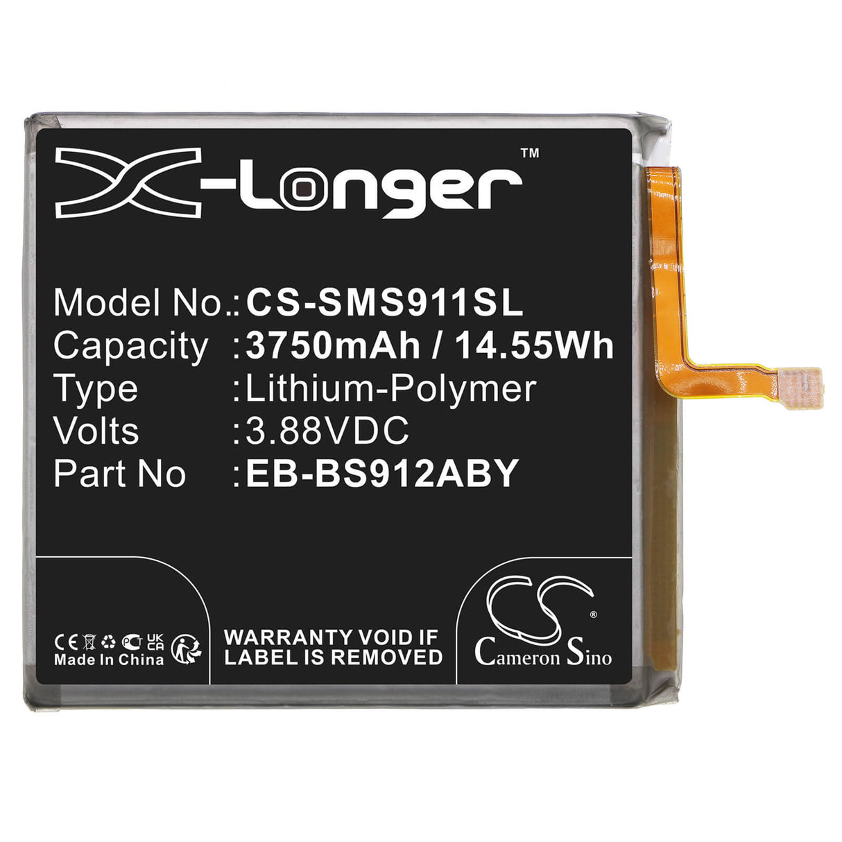 3.88V, Li-Polymer, 3750mAh, SmartPhone battery fits Samsung, Eb-bs912aby, Galaxy S23, Galaxy S23 5g, 14.55Wh Mobile, SmartPhone Cameron Sino Technology Limited (Smartphone)