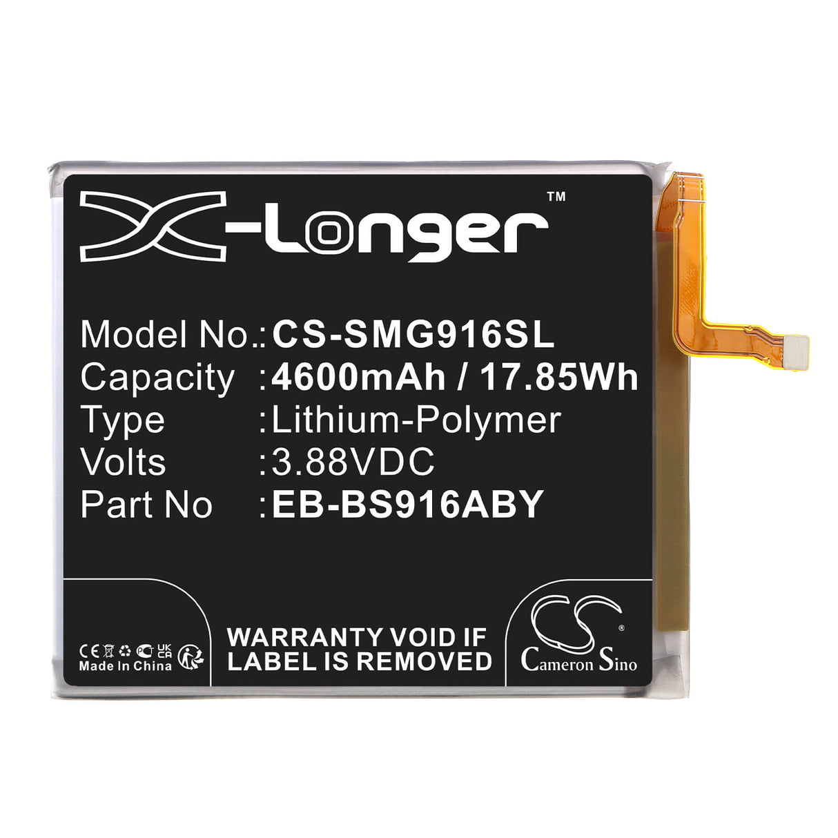 3.88V, Li-Polymer, 4600mAh, SmartPhone battery fits Samsung, Eb-bs916aby, Galaxy S23 Plus, Galaxy S23+, 17.85Wh Mobile, SmartPhone Cameron Sino Technology Limited (Smartphone)