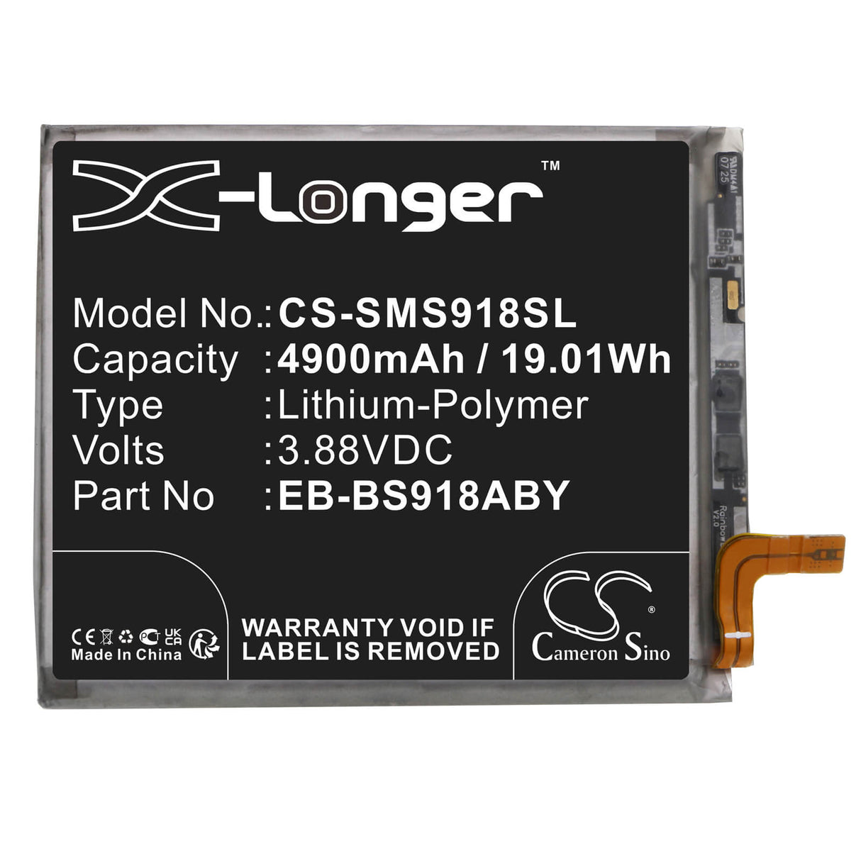 3.88V, Li-Polymer, 4900mAh, SmartPhone battery fits Samsung, Eb-bs918aby, Galaxy S23 Ultra, Galaxy S23 Ultra 5g, 19.01Wh Mobile, SmartPhone Cameron Sino Technology Limited (Smartphone)