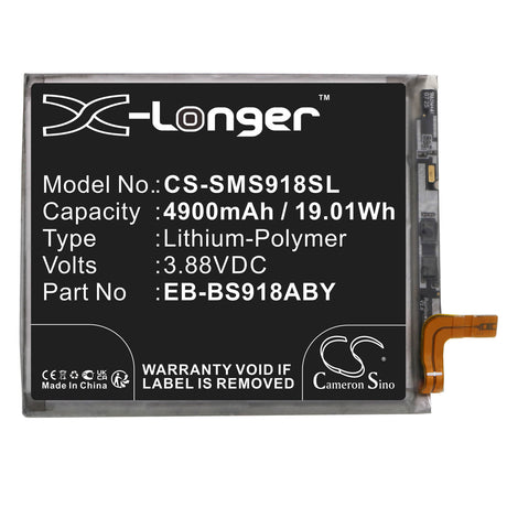 3.88V, Li-Polymer, 4900mAh, SmartPhone battery fits Samsung, Eb-bs918aby, Galaxy S23 Ultra, Galaxy S23 Ultra 5g, 19.01Wh Mobile, SmartPhone Cameron Sino Technology Limited (Smartphone)