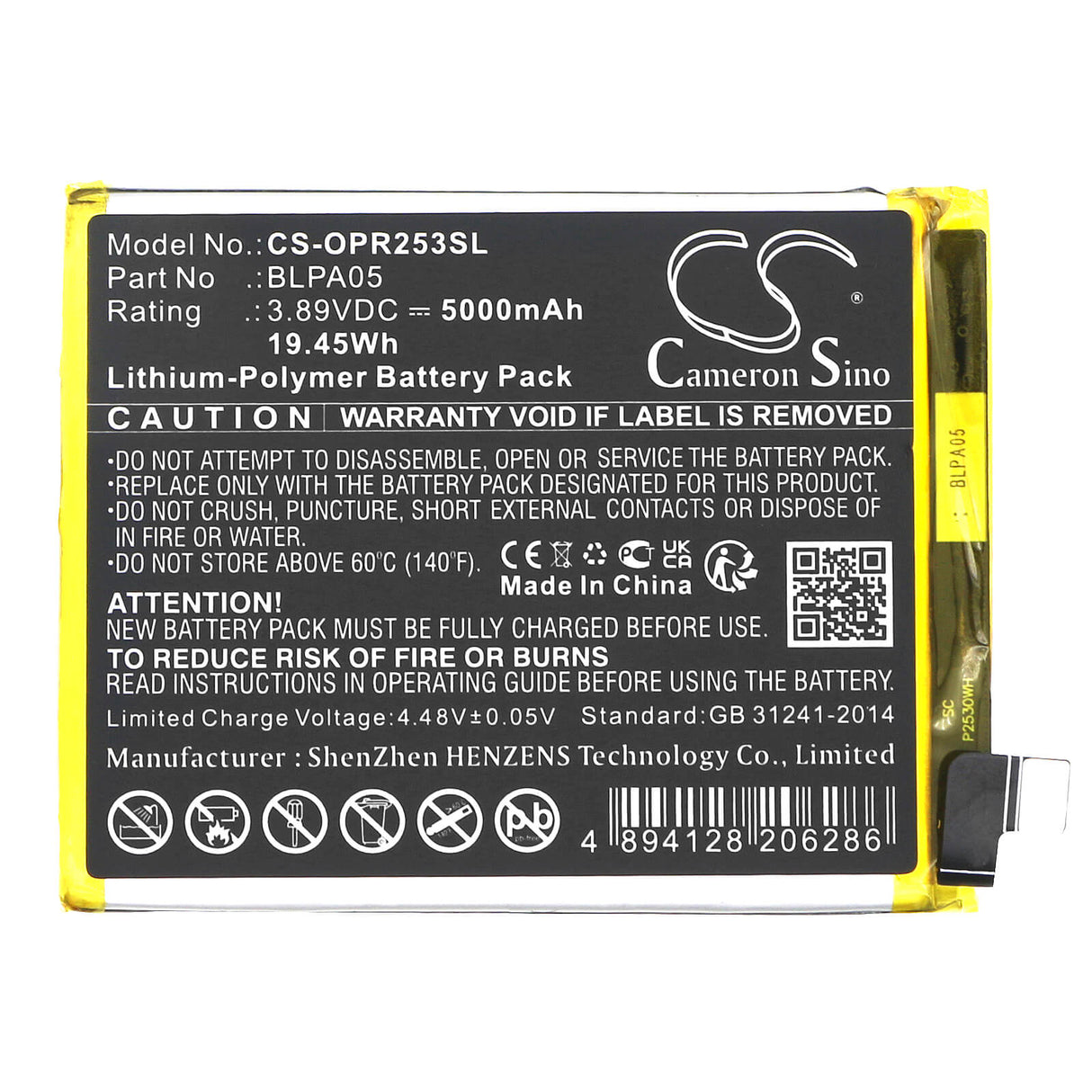 3.89V, Li-Polymer, 5000mAh, SmartPhone battery fits Oppo, Blpa05, Cph2531, Reno 10 5g, 19.45Wh Mobile, SmartPhone Cameron Sino Technology Limited (Smartphone)