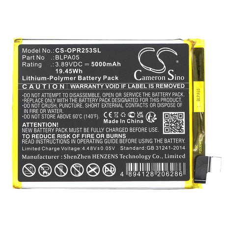 3.89V, Li-Polymer, 5000mAh, SmartPhone battery fits Oppo, Blpa05, Cph2531, Reno 10 5g, 19.45Wh Mobile, SmartPhone Cameron Sino Technology Limited (Smartphone)