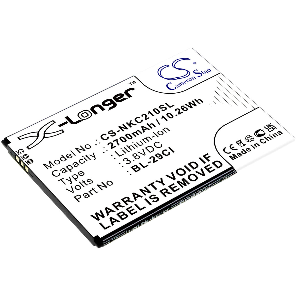 3.8V, Li-ion, 2700mAh, SmartPhone battery fits Nokia, Bl-29ci, C10, C20, 10.26Wh Mobile, SmartPhone Cameron Sino Technology Limited (Smartphone)