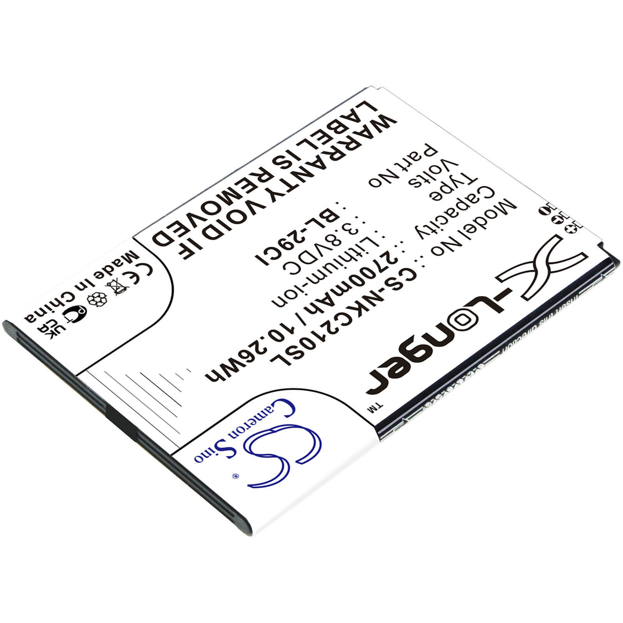 3.8V, Li-ion, 2700mAh, SmartPhone battery fits Nokia, Bl-29ci, C10, C20, 10.26Wh Mobile, SmartPhone Cameron Sino Technology Limited (Smartphone)