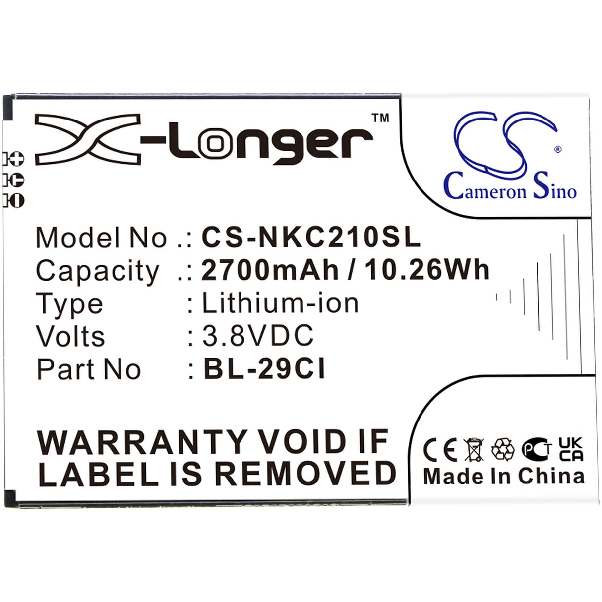 3.8V, Li-ion, 2700mAh, SmartPhone battery fits Nokia, Bl-29ci, C10, C20, 10.26Wh Mobile, SmartPhone Cameron Sino Technology Limited (Smartphone)