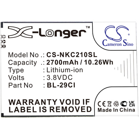 3.8V, Li-ion, 2700mAh, SmartPhone battery fits Nokia, Bl-29ci, C10, C20, 10.26Wh Mobile, SmartPhone Cameron Sino Technology Limited (Smartphone)