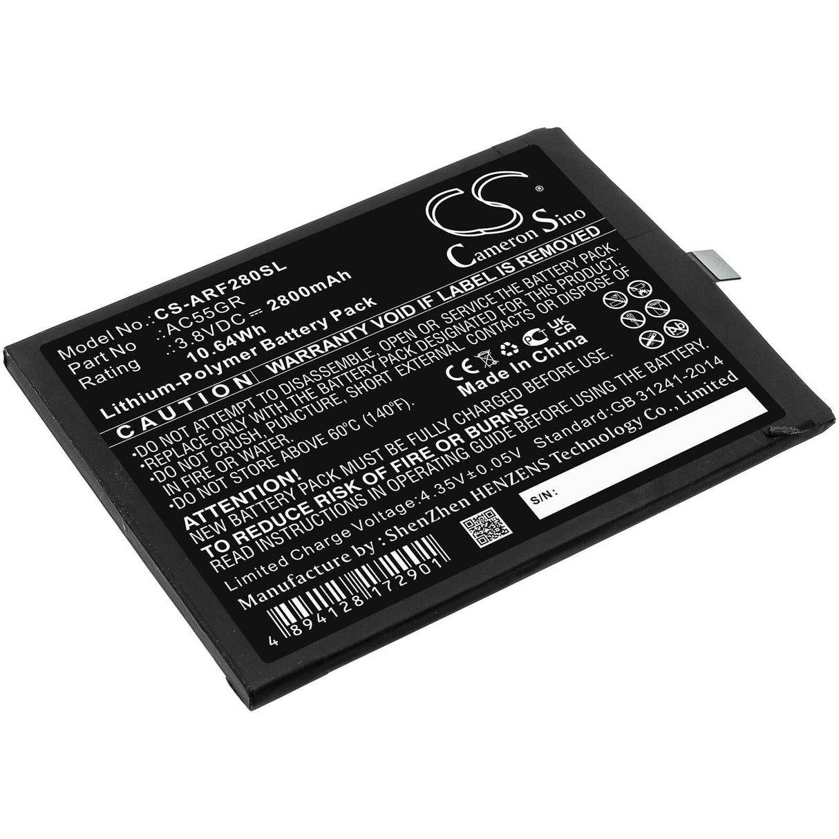 3.8V, Li-Polymer, 2800mAh, SmartPhone battery fits Archos, Ac55gr, 5.5 Hero V3, Bsf28, 10.64Wh Mobile, SmartPhone Cameron Sino Technology Limited (Smartphone)