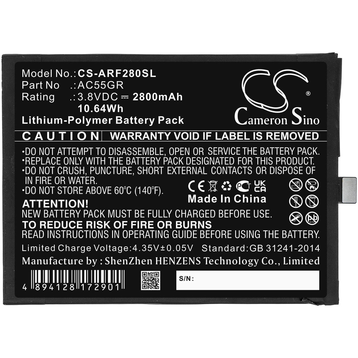3.8V, Li-Polymer, 2800mAh, SmartPhone battery fits Archos, Ac55gr, 5.5 Hero V3, Bsf28, 10.64Wh Mobile, SmartPhone Cameron Sino Technology Limited (Smartphone)