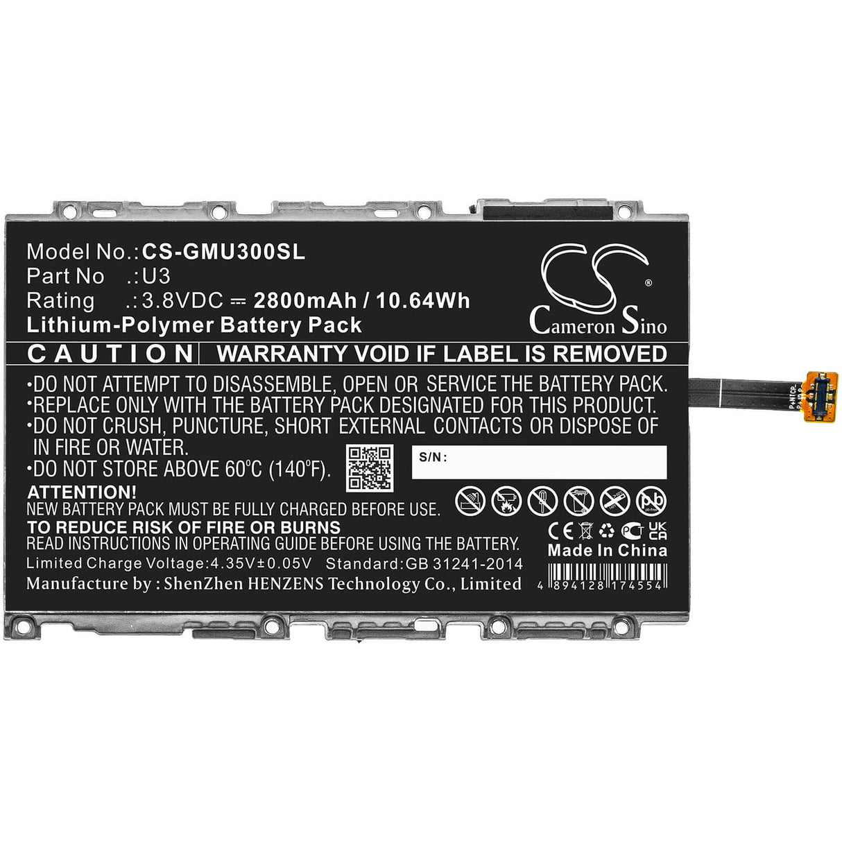 3.8V, Li-Polymer, 2800mAh, Hotspot battery fits Glocalme, Glmu19a02w, U3, 10.64Wh Hotspot Cameron Sino Technology Limited