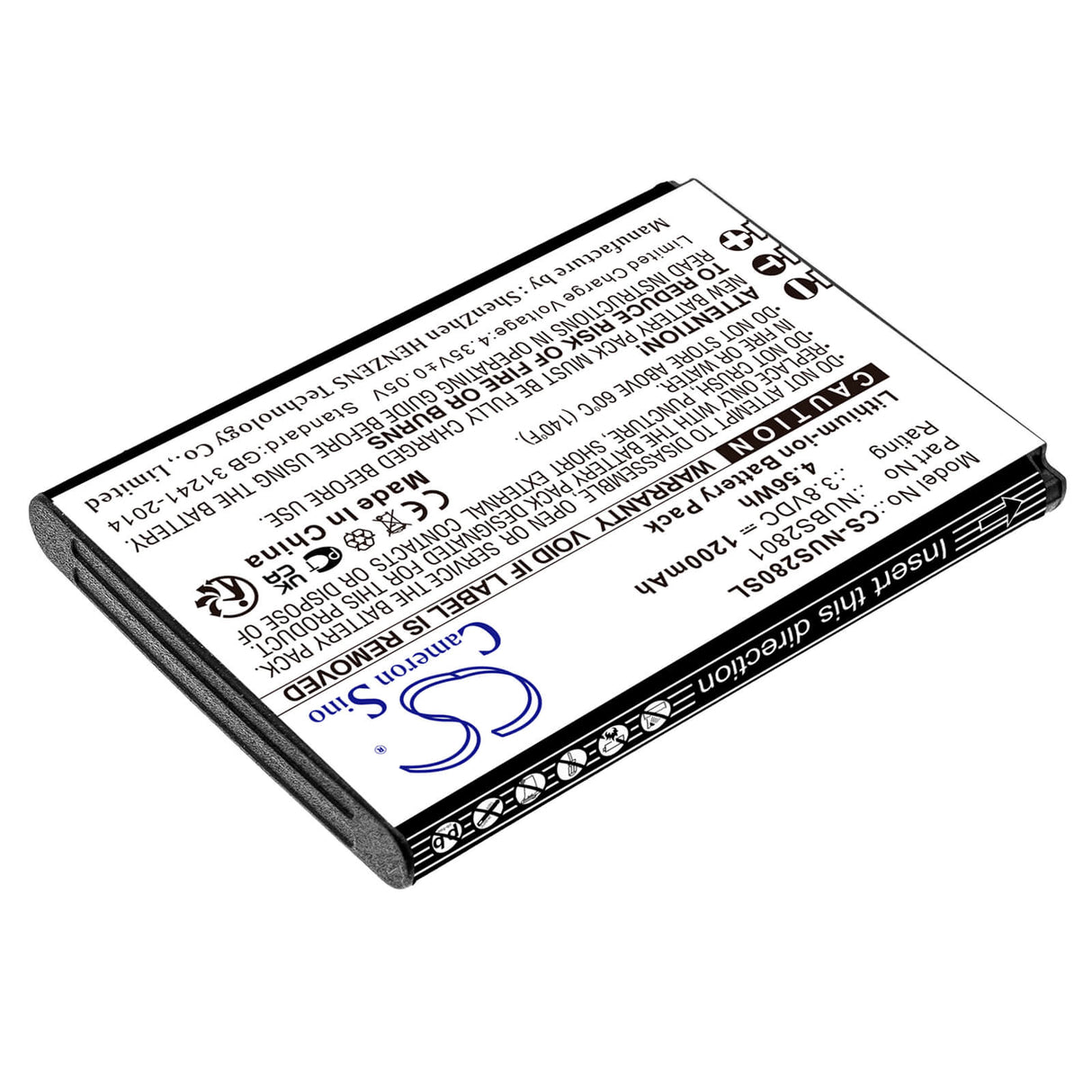 3.8V, Li-ion, 1200mAh, SmartPhone battery fits Nuu, Nubs2801, Mobile F4l 4g Lte, S2801l, 4.56Wh Mobile, SmartPhone Cameron Sino Technology Limited (Smartphone)