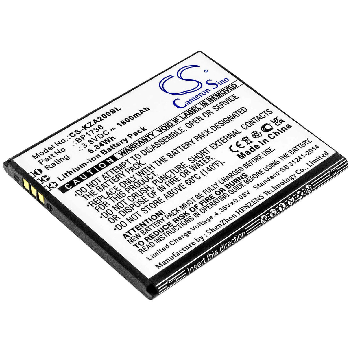 3.8V, Li-ion, 1800mAh, SmartPhone battery fits Kazuna, Bp1736, Etalk Myflix, Kazn20, 6.84Wh Mobile, SmartPhone Cameron Sino Technology Limited (Smartphone)