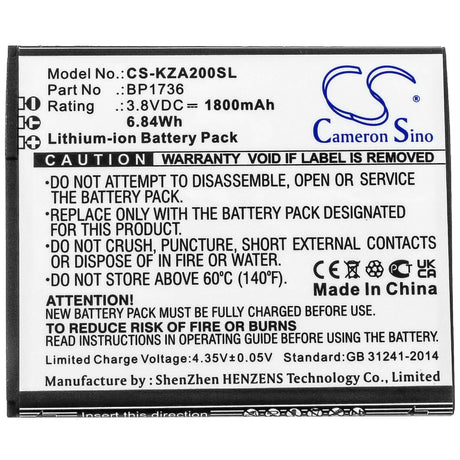 3.8V, Li-ion, 1800mAh, SmartPhone battery fits Kazuna, Bp1736, Etalk Myflix, Kazn20, 6.84Wh Mobile, SmartPhone Cameron Sino Technology Limited (Smartphone)