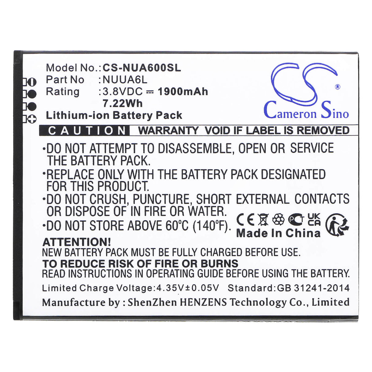 Batterie de smartphone 3.8V, Li-ion, 1900mAh, compatible avec Nuu, Nuua6l, A6l, 7.22Wh Mobile, Smartphone Cameron Sino Technology Limited (Smartphone)