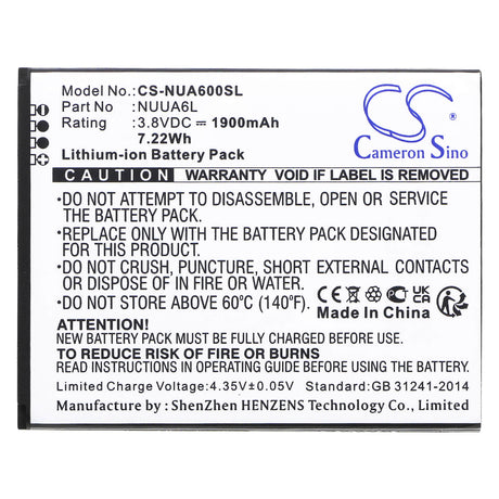 Batterie de smartphone 3.8V, Li-ion, 1900mAh, compatible avec Nuu, Nuua6l, A6l, 7.22Wh Mobile, Smartphone Cameron Sino Technology Limited (Smartphone)