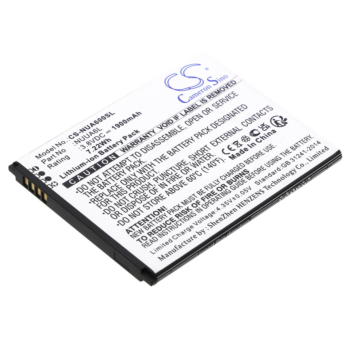 Batterie de smartphone 3.8V, Li-ion, 1900mAh, compatible avec Nuu, Nuua6l, A6l, 7.22Wh Mobile, Smartphone Cameron Sino Technology Limited (Smartphone)