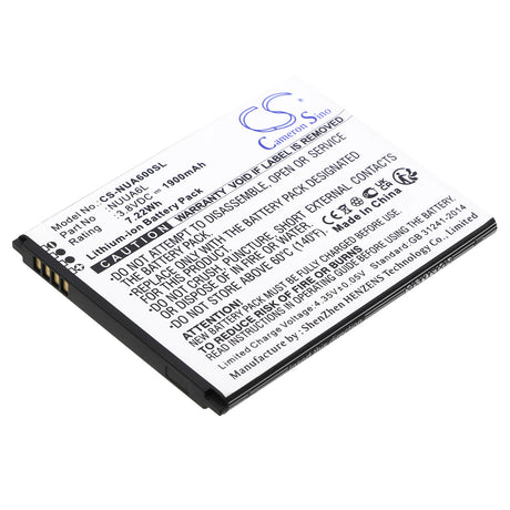 Batterie de smartphone 3.8V, Li-ion, 1900mAh, compatible avec Nuu, Nuua6l, A6l, 7.22Wh Mobile, Smartphone Cameron Sino Technology Limited (Smartphone)