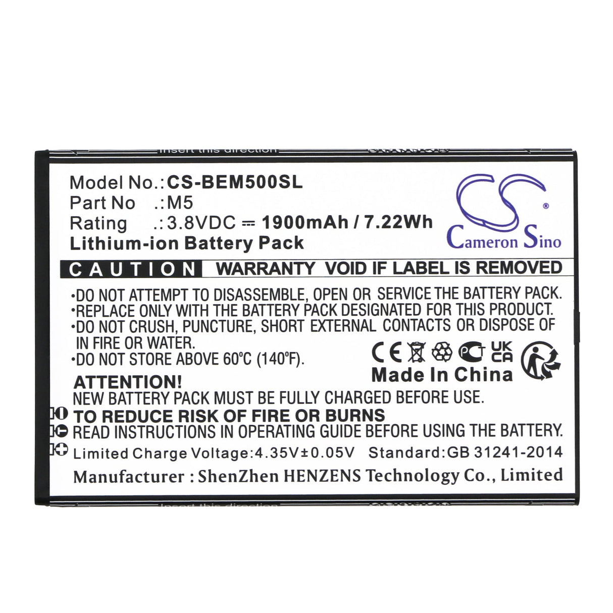 3.8V, Li-ion, 1900mAh, SmartPhone battery fits Bea-fon, M5, M5, M5 Premium, 7.22Wh Mobile, SmartPhone Cameron Sino Technology Limited (Smartphone)