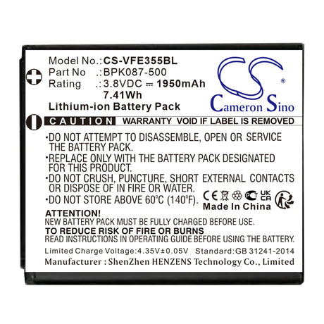 3.8V, Li-ion, 1950mAh, Payment Terminal battery fits Verifone, Bpk087-500, E355, Ipay E355, 7.41Wh Payment Terminal Cameron Sino Technology Limited