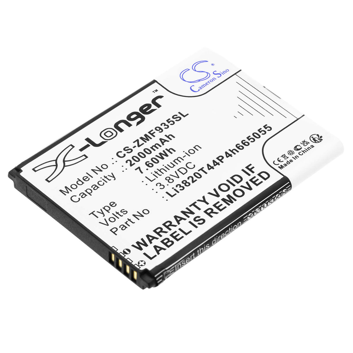 3.8V, Li-ion, 2000mAh, Hotspot battery fits Zte, Li3820t44p4h665055, Mf935, 7.60Wh Hotspot Cameron Sino Technology Limited
