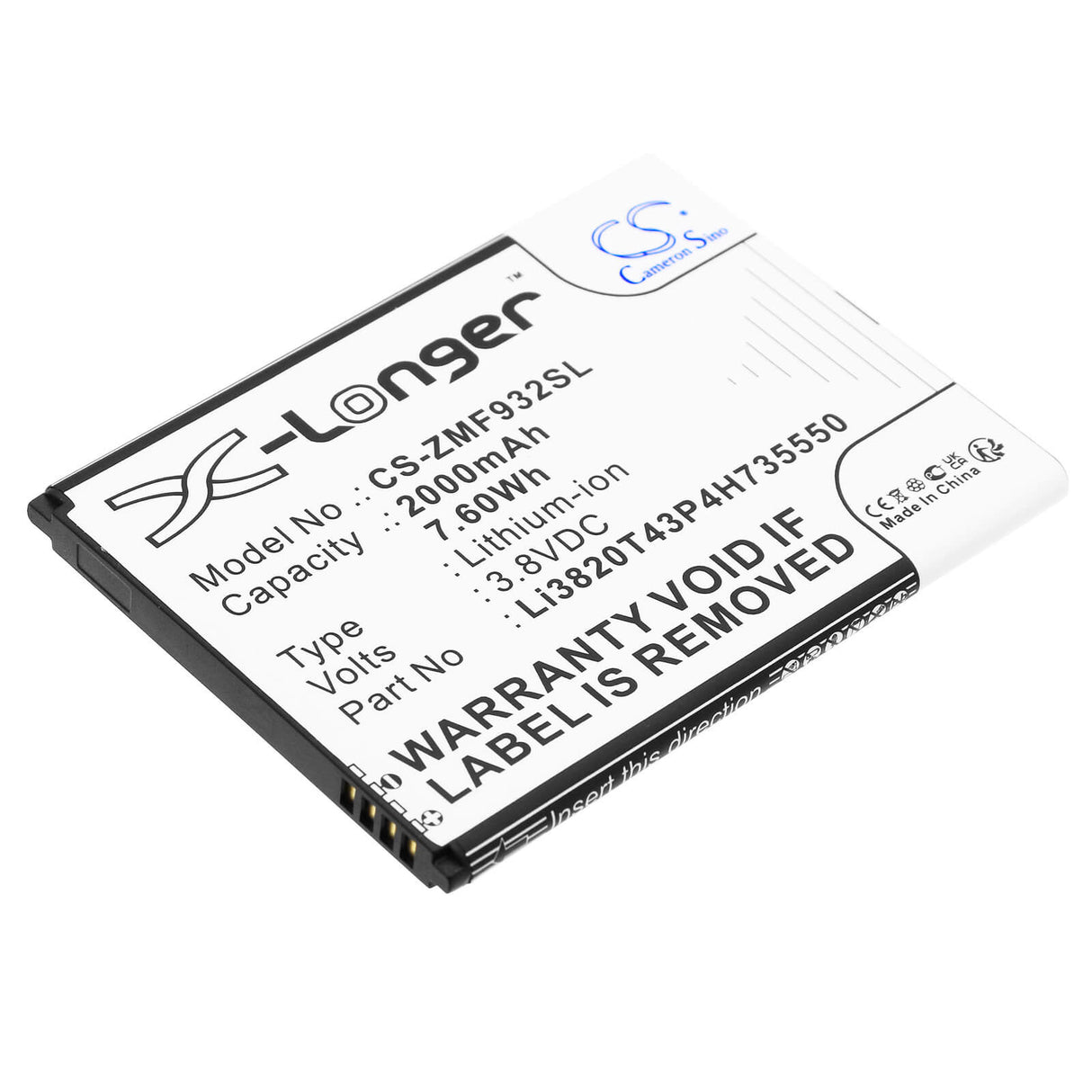 3.8V, Li-ion, 2000mAh, Hotspot battery fits Zte, Li3820t43p4h735550, Wifi5 Mf932, 7.60Wh Hotspot Cameron Sino Technology Limited