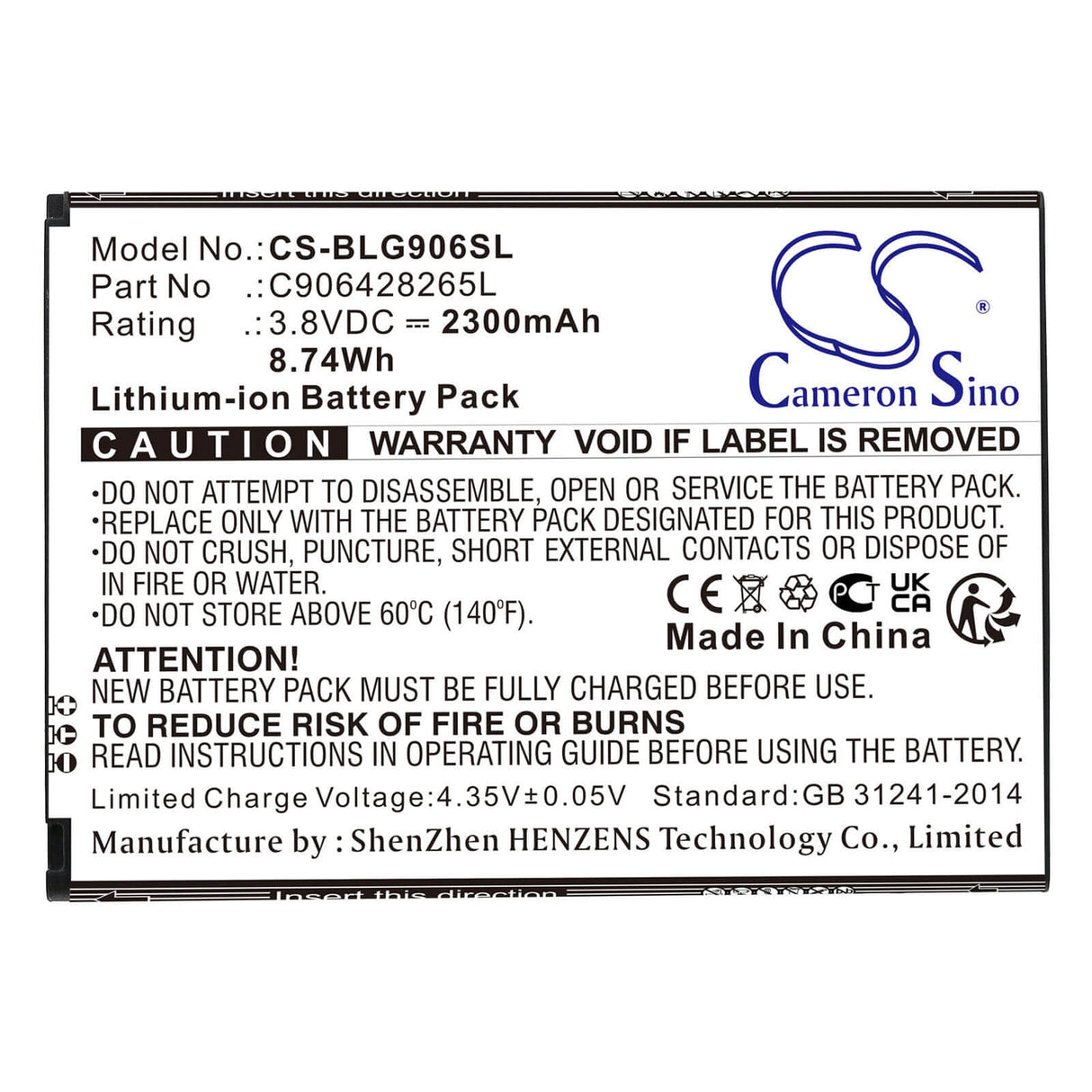 3.8V, Li-ion, 2300mAh, SmartPhone battery fits Blu, C906428265l, G150q, Grand Xl, 8.74Wh Mobile, SmartPhone Cameron Sino Technology Limited (Smartphone)